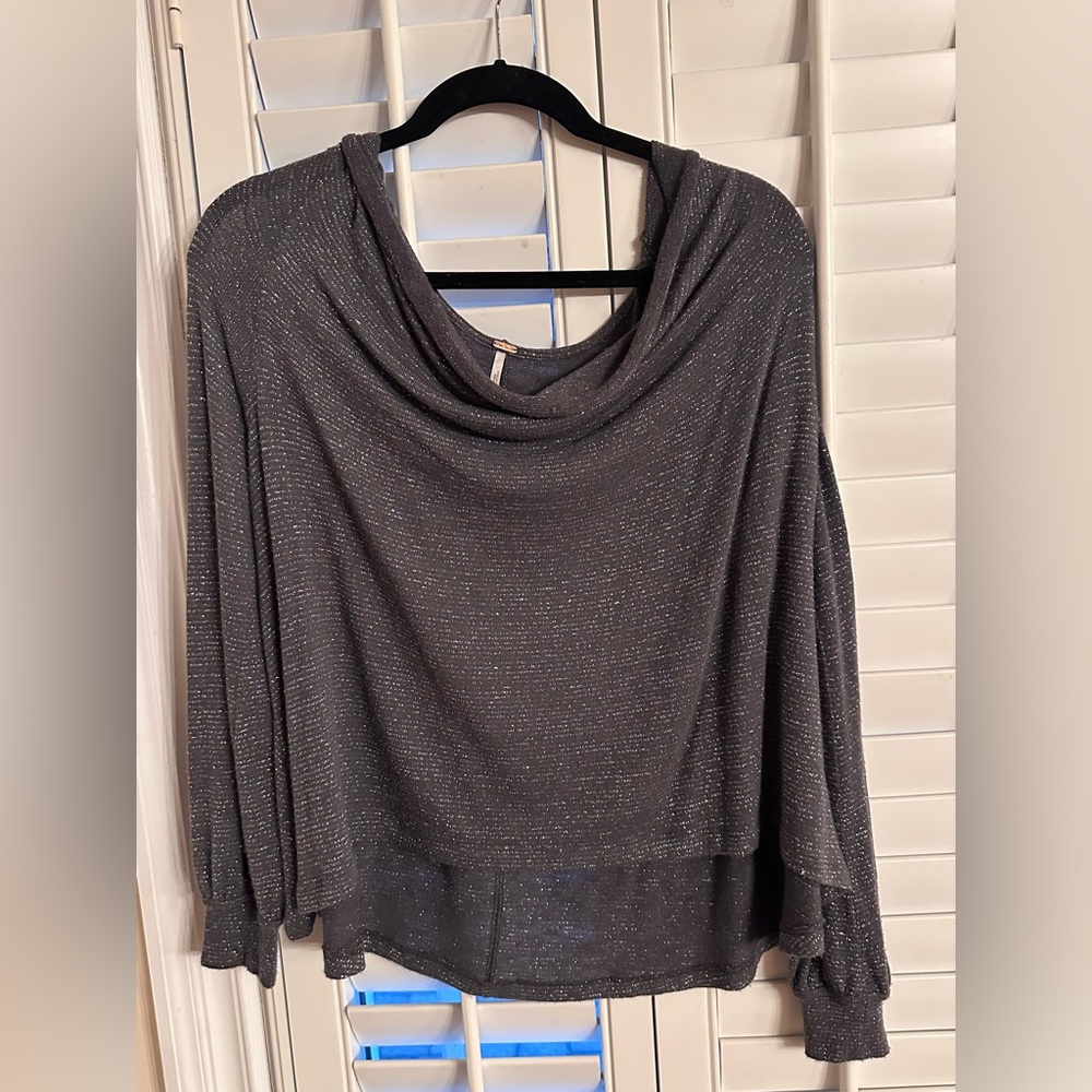 Free People Small Metallic Silver Shimmer Sparkle Cowl Neck Sweater